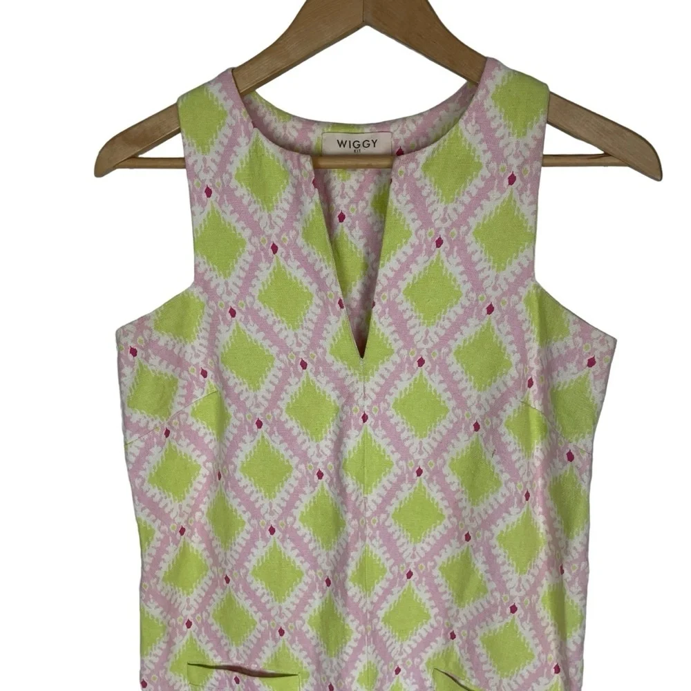 Wiggy Kit Pink Green Geometric‎ Mini Dress Sleeveless Size Small